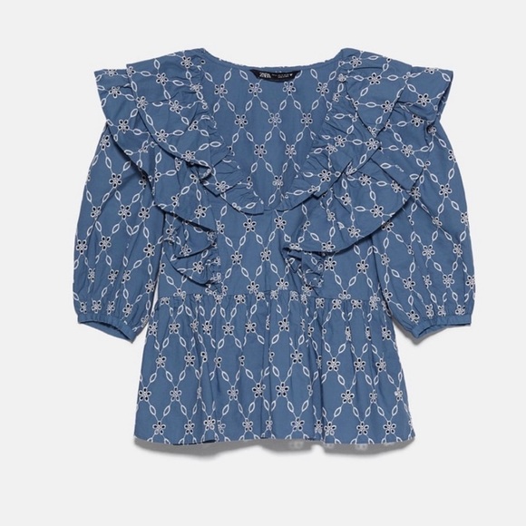 Blue Embroidered Zara Puff Sleeve Blouse - Picture 7 of 8
